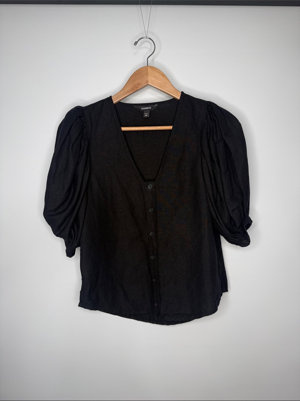 Express Black Linen Blend Puff Sleeve Button-Front Blouse XXS